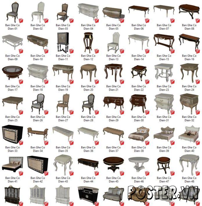 70+ Mẫu bàn ghế nội thất cổ điển SketchUp