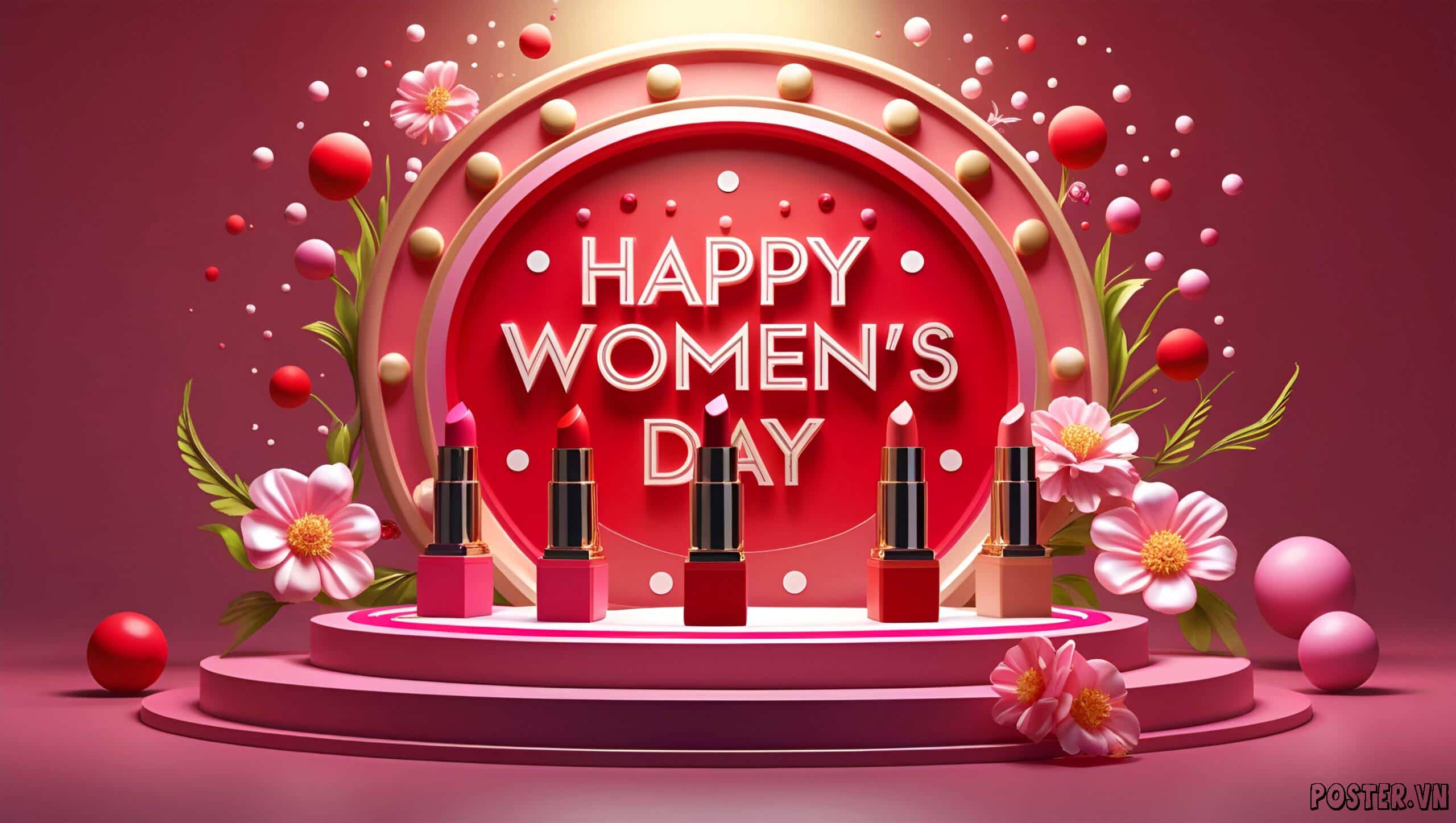 Happy Women's Day greeting card featuring a roundel with lipstick tubes