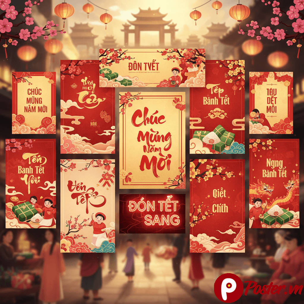 Tổng hợp các mẫu banner Tết 2026 với hình ảnh hoa đào, hoa mai, linh vật năm Giáp Thìn và các biểu tượng may mắn, tạo không khí lễ hội rực rỡ và thu hút người xem.