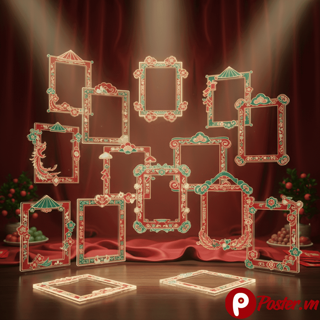Tổng hợp 10 mẫu khung hình Tết 2026 với đa dạng thiết kế hoa đào, mai vàng, lồng đèn và chữ thư pháp, định dạng PNG và PSD chất lượng cao để ghép ảnh và in ấn.