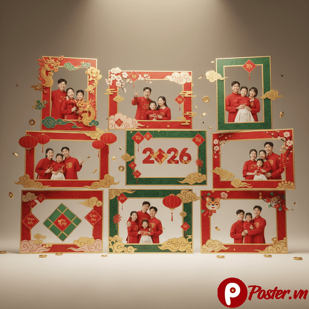 Tuyển tập các mẫu khung hình Tết 2026 với hoa đào, mai vàng, lồng đèn và chữ thư pháp, định dạng PNG và PSD, sẵn sàng cho việc chỉnh sửa và trang trí ảnh đón xuân.