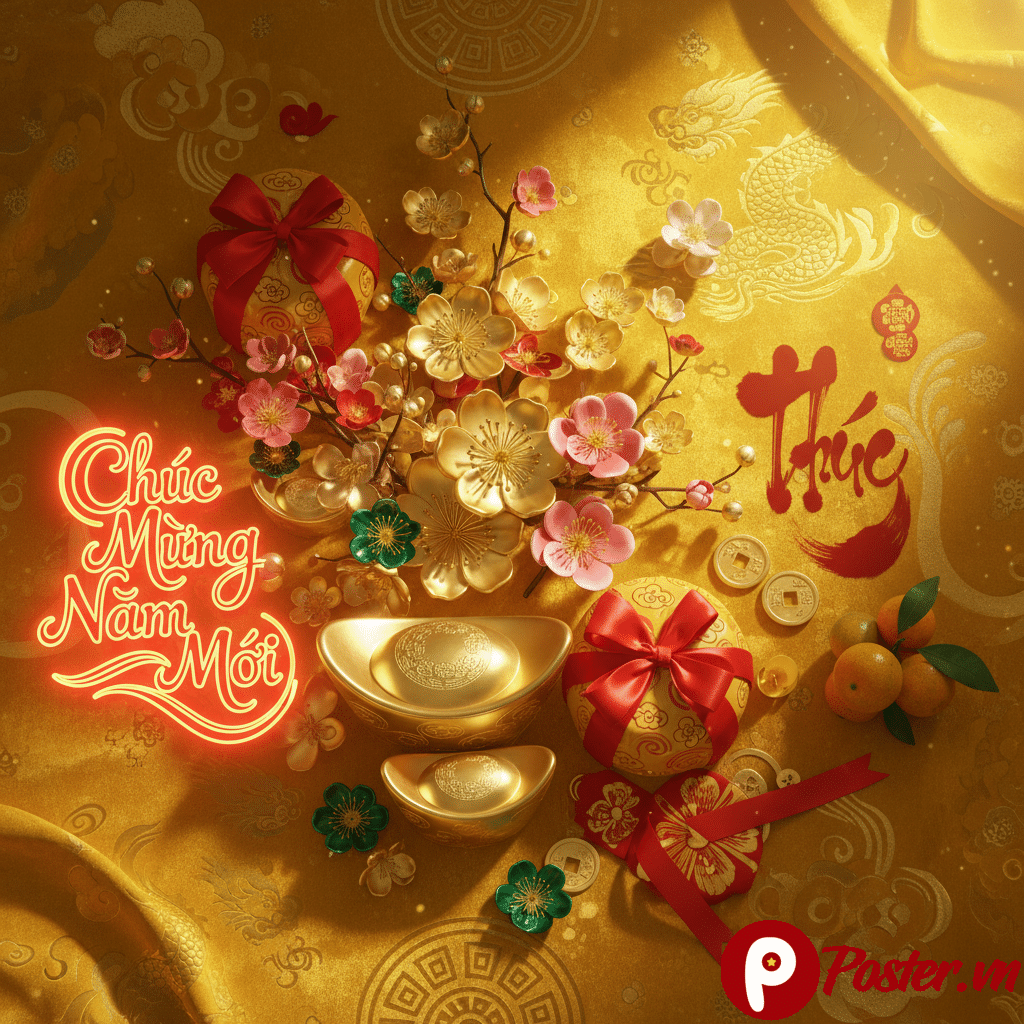 Một hình ảnh background Tết màu vàng rực rỡ với họa tiết hoa mai vàng, đồng tiền vàng, và chữ thư pháp 'Chúc Mừng Năm Mới' cách điệu, tượng trưng cho sự thịnh vượng và may mắn trong dịp Tết 2026.
