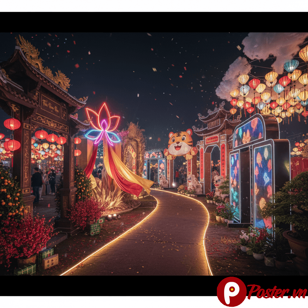 Cổng chào Tết đẹp rực rỡ với hoa mai, hoa đào và câu đối đỏ, tạo không khí lễ hội truyền thống chào đón Xuân 2026.