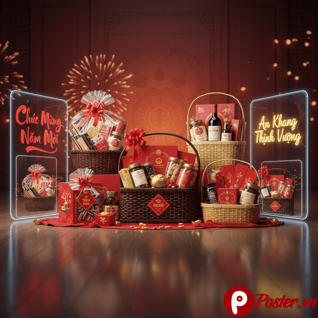 Giỏ quà Tết 2026 sang trọng với hoa mai, bánh chưng và lì xì, đặt trên nền đỏ, sẵn sàng cho mùa Tết Giáp Ngọ rực rỡ, thu hút mọi ánh nhìn.