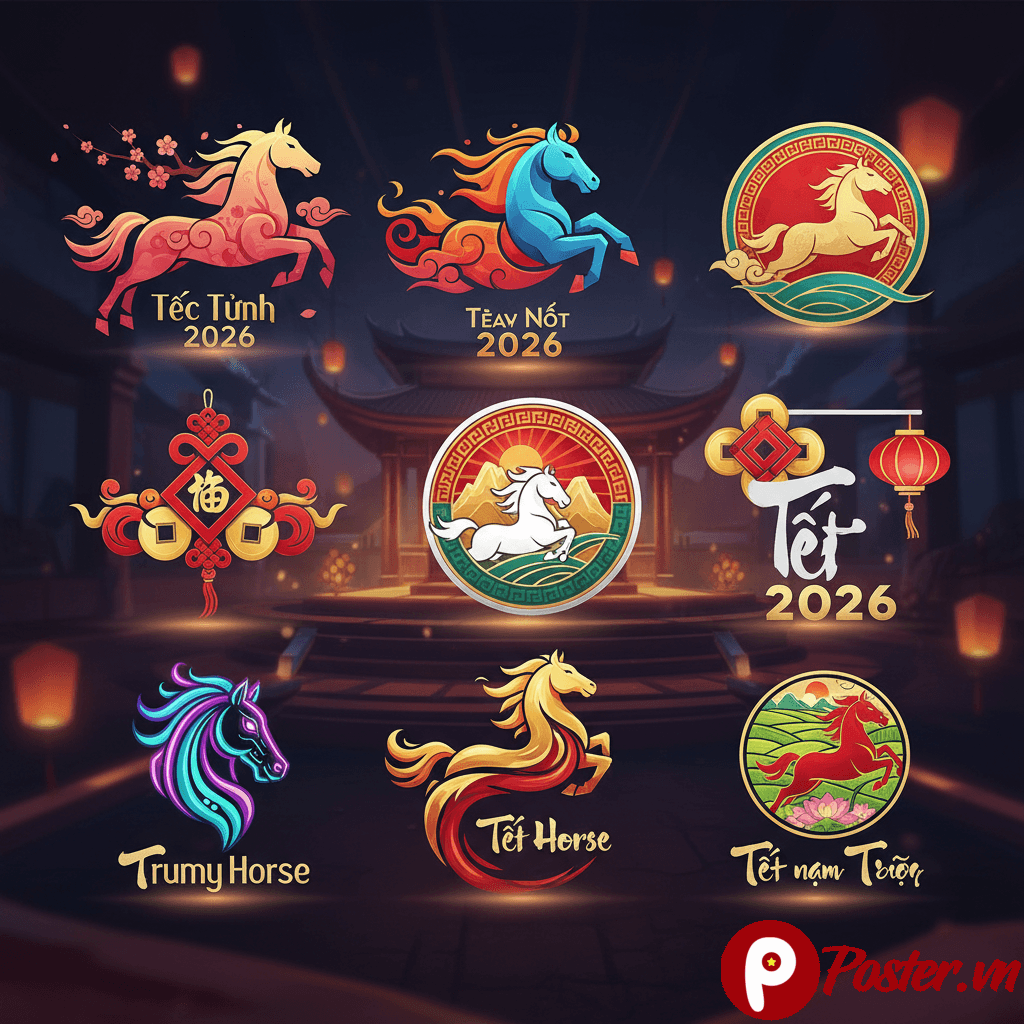 Bộ sưu tập mẫu logo Tết 2026 với hình ảnh hoa đào, hoa mai, linh vật năm Ngọ và các biểu tượng may mắn truyền thống Việt Nam.