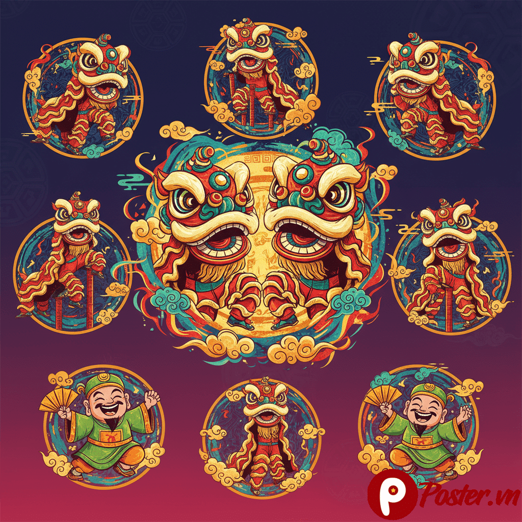 Hình ảnh múa lân vector rực rỡ và ông Địa vui vẻ mang lại may mắn, tài lộc cho các dịp khai trương, lễ hội, và Tết Nguyên Đán 2026, sẵn sàng cho thiết kế đồ họa.