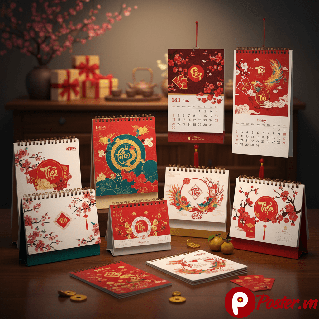 Hình ảnh tổng hợp 9+ mẫu lịch Tết 2026 đẹp mắt, đa dạng phong cách từ truyền thống đến hiện đại, bao gồm lịch để bàn, lịch treo tường, và lịch bloc, phù hợp cho doanh nghiệp làm quà tặng đối tác và trang trí không gian làm việc.