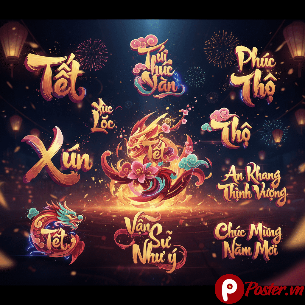 Bộ sưu tập 9 mẫu typography Tết 2026 đa dạng phong cách từ retro, 3D, thư pháp biến tấu với hiệu ứng ánh kim, đổ bóng, gradient ấn tượng, sẵn sàng cho thiết kế banner, poster, thiệp Tết.