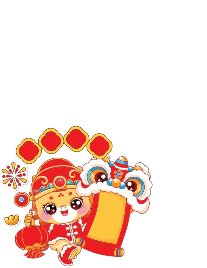 Ảnh chibi vector Tết Nguyên Đán với bé trai/bé gái đội mũ quan, cầm lồng đèn và cuộn thư may mắn, có đầu lân, thỏi vàng và đồng xu, phong cách hoạt hình đáng yêu.