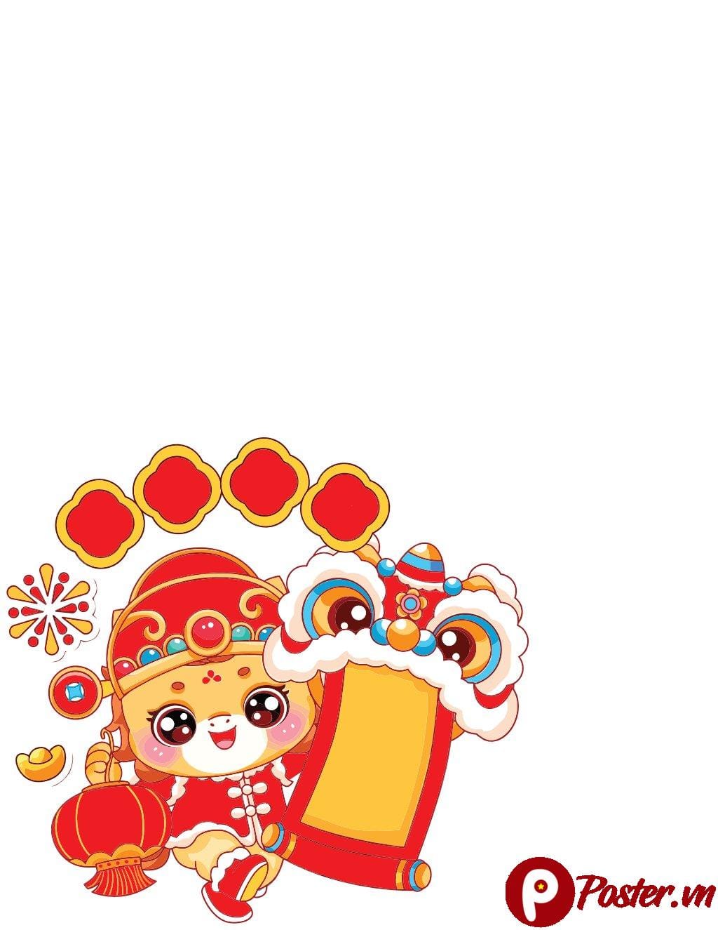 Ảnh chibi vector Tết Nguyên Đán với bé trai/bé gái đội mũ quan, cầm lồng đèn và cuộn thư may mắn, có đầu lân, thỏi vàng và đồng xu, phong cách hoạt hình đáng yêu.