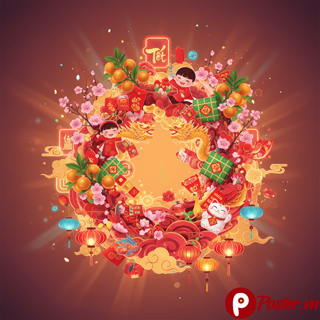 Bộ sưu tập ảnh Tết PNG tách nền và vector chất lượng cao cho thiết kế đồ họa năm 2026 với các biểu tượng hoa mai, hoa đào, bánh chưng, câu đối đỏ và linh vật ngựa.