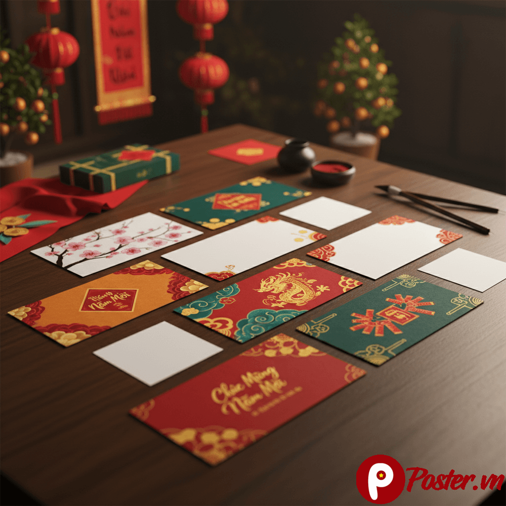 Bộ sưu tập ảnh thông báo nghỉ Tết 2026 đa dạng phong cách, với sắc màu tươi sáng, hoa mai, hoa đào, pháo hoa và không gian Tết truyền thống, kèm khung điền thông tin doanh nghiệp.