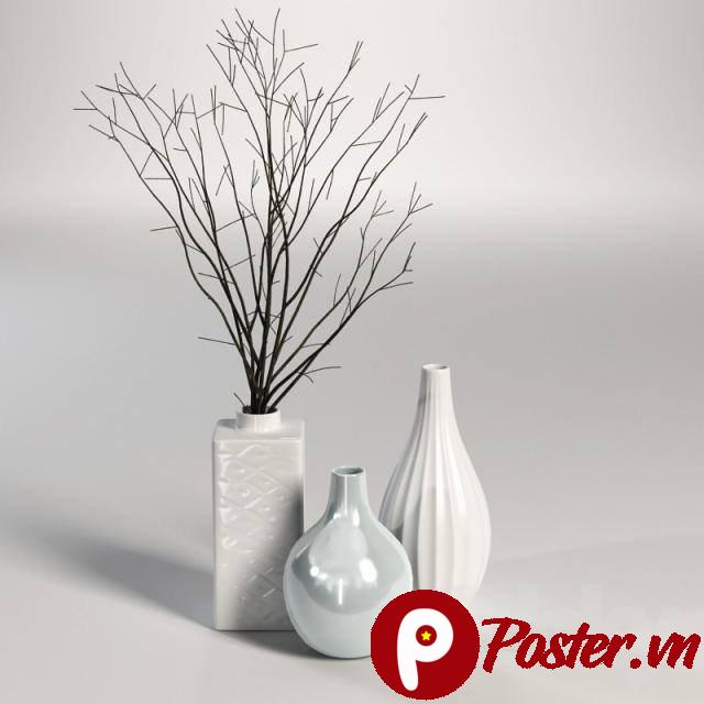 Bố cục tĩnh vật hiện đại tối giản với ba lọ hoa: lọ chữ nhật trắng có hoa văn, lọ cầu xám xanh bóng loáng và lọ giọt nước trắng vân sọc, cùng cành cây khô trên nền xám nhạt.