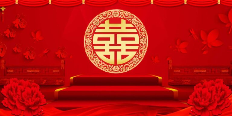 Backdrop cưới đỏ chữ Hỷ