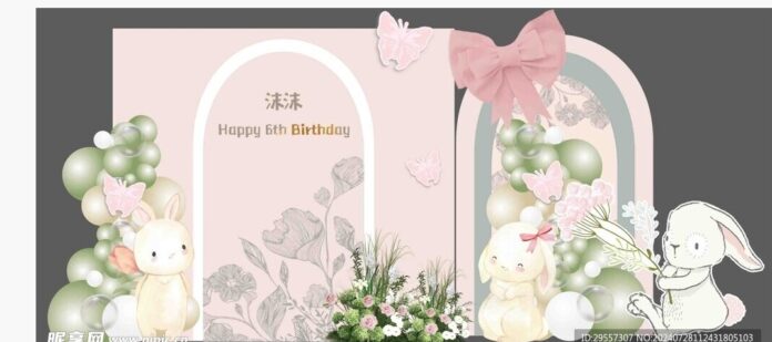 Backdrop sinh nhật thỏ hồng dễ thương