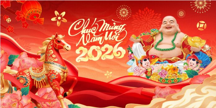Backdrop Tết 2026 Phật Di Lặc ngựa vàng