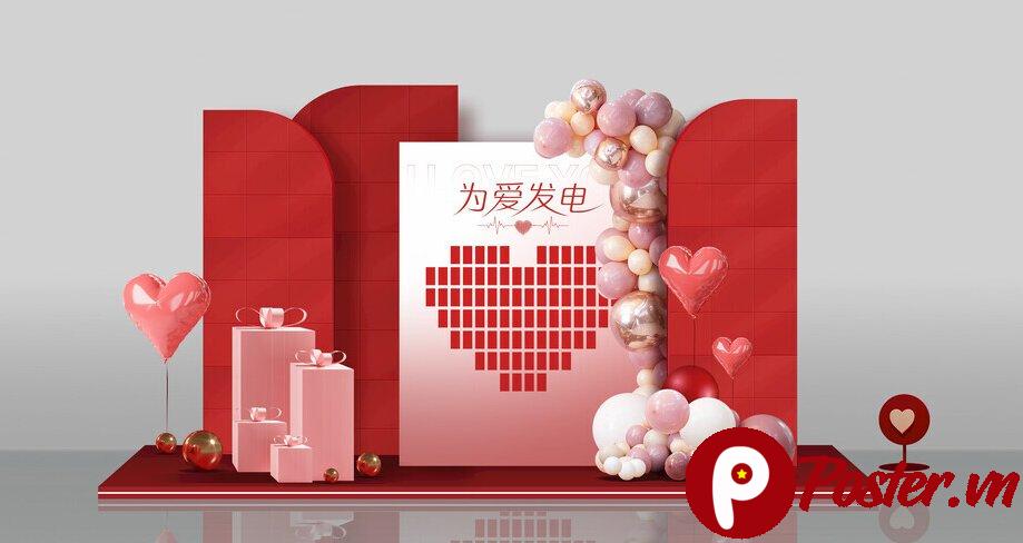 Backdrop Valentine đỏ hồng 3D