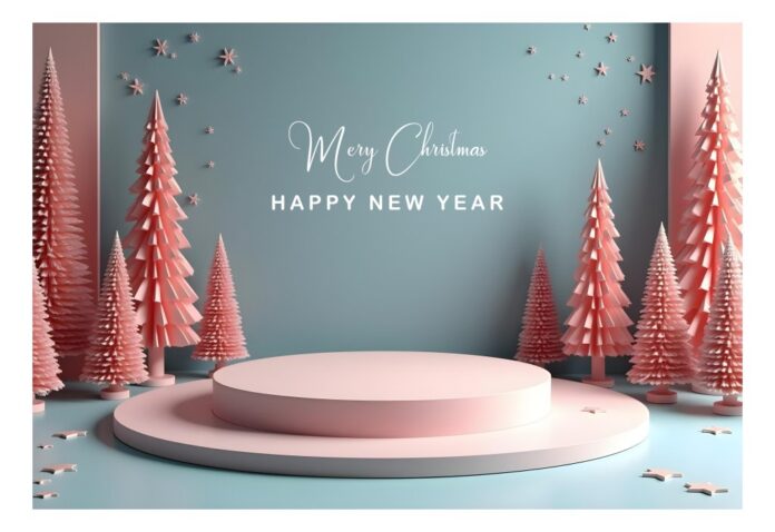 Background Giáng Sinh và Năm Mới 3D pastel với cây thông hồng và bục trưng bày sản phẩm hiện đại.