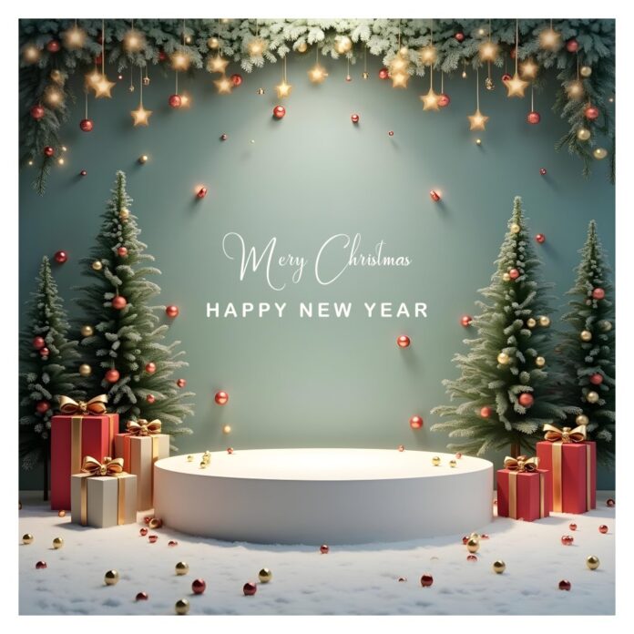 Background Giáng Sinh Năm Mới phong cách studio hiện đại với tông xanh mint, cây thông, hộp quà, quả châu và chữ 'Merry Christmas HAPPY NEW YEAR'