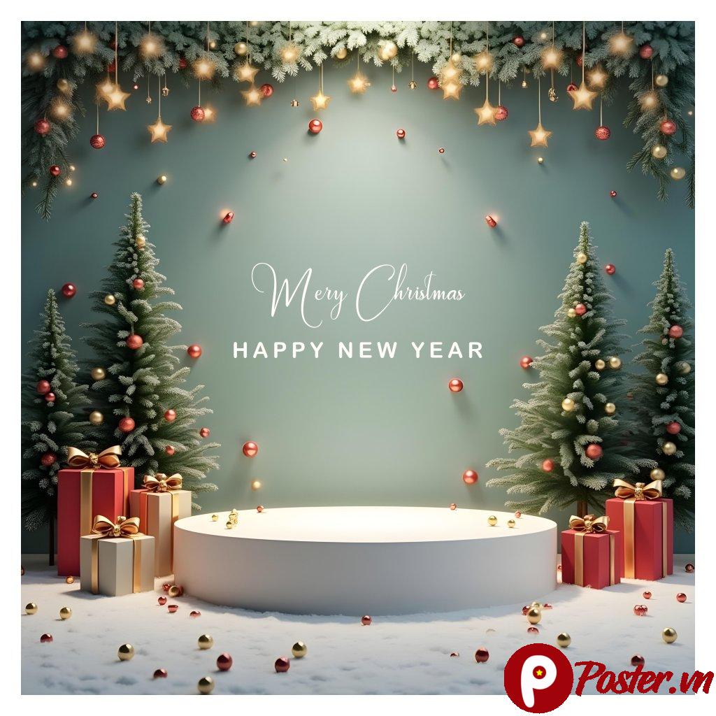 Background Giáng Sinh Năm Mới phong cách studio hiện đại với tông xanh mint, cây thông, hộp quà, quả châu và chữ 'Merry Christmas HAPPY NEW YEAR'
