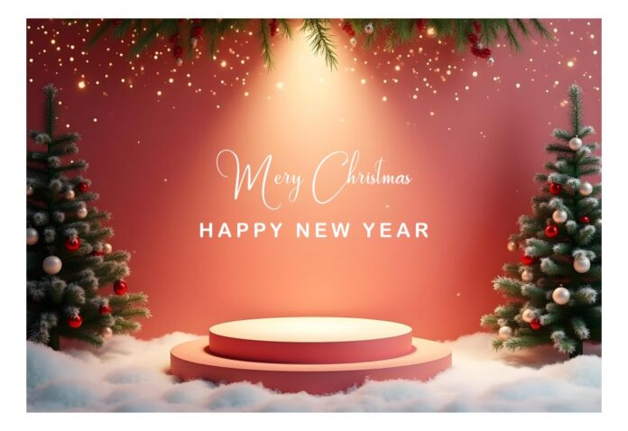 Background PSD hiện đại cho Giáng Sinh và Năm Mới với bục trưng bày 3D, cây thông, mây trắng và phông nền gradient đỏ cam, chữ 