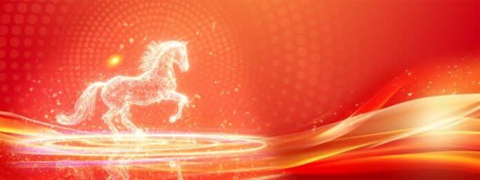 Background ngựa ánh sáng 3d phong cách kỹ thuật số hiện đại màu đỏ cam