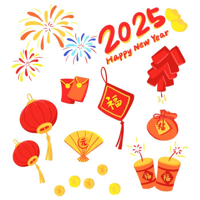 Background Tết 2025 PNG với các biểu tượng năm mới như pháo hoa, lì xì, đèn lồng, chữ Phúc và số 2025 trên nền trắng.