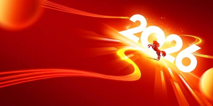 Mẫu Background Tết 2026 Bính Ngọ hiện đại màu đỏ rực rỡ với hình ảnh chú ngựa may mắn