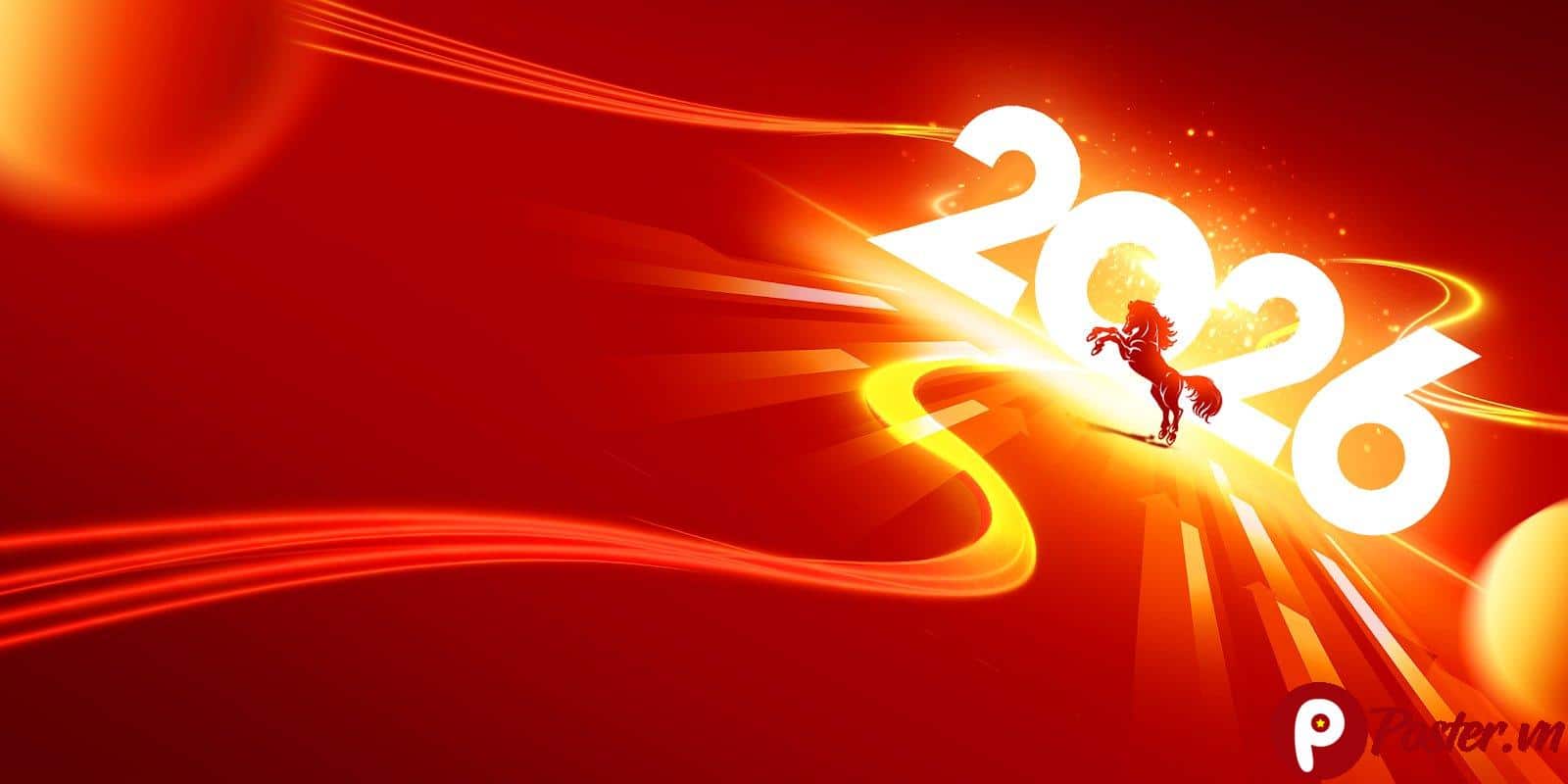Mẫu Background Tết 2026 Bính Ngọ hiện đại màu đỏ rực rỡ với hình ảnh chú ngựa may mắn