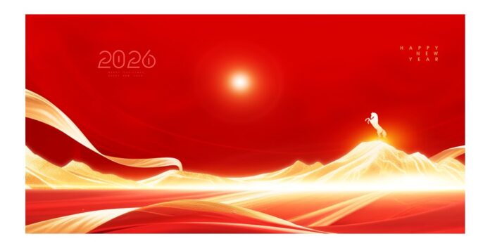 Mẫu background Tết 2026 ngựa trắng trên đỉnh núi vàng sang trọng PSD