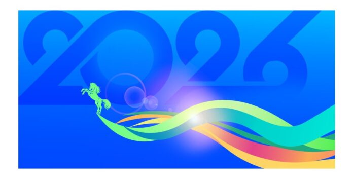 Mẫu Background Tết 2026 PSD hiện đại với hình ảnh ngựa và dải lụa đa sắc