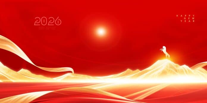 Background Tết 2026 phong cách nghệ thuật kỹ thuật số với hình ảnh ngựa trắng trên đỉnh núi