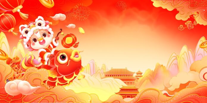 Background Tết hoạt hình với chuột múa lân cưỡi cá chép, đèn lồng, pháo hoa và phong cảnh truyền thống Á Đông, tông màu đỏ cam vàng rực rỡ