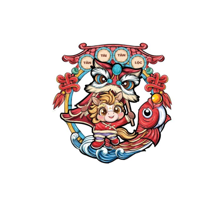 Background Tết Nguyên Đán hoạt hình với chú ngựa chibi, đầu lân đỏ, cá chép vàng, trống Tân Tài Lộc và sóng nước, phong cách dễ thương, rực rỡ, vector AI.