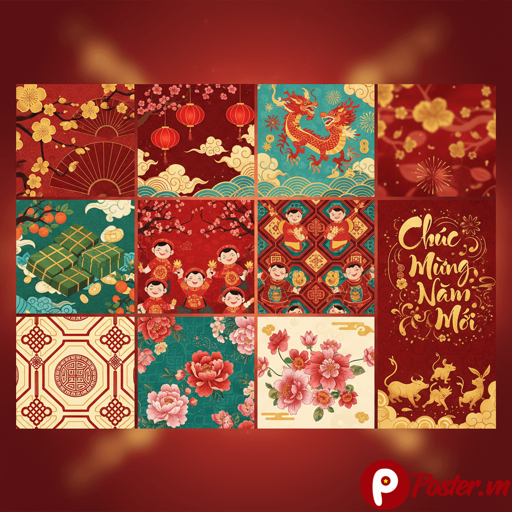 Bộ sưu tập các mẫu background Tết Nguyên Đán vector năm 2026 với hoa mai, hoa đào, câu đối đỏ, bánh chưng và biểu tượng truyền thống Việt Nam.