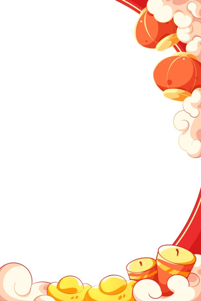 Background Tết Nguyên Đán với lồng đèn đỏ, thỏi vàng và pháo hoa trên nền mây trắng, phong cách hoạt hình.