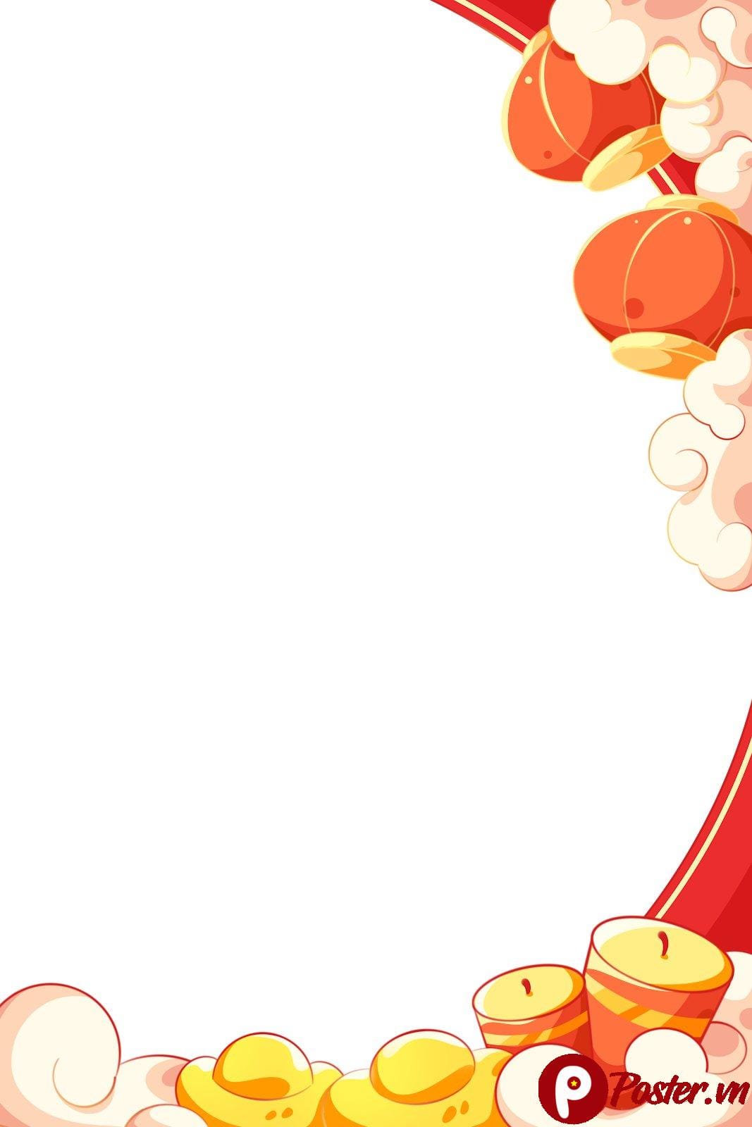 Background Tết Nguyên Đán với lồng đèn đỏ, thỏi vàng và pháo hoa trên nền mây trắng, phong cách hoạt hình.