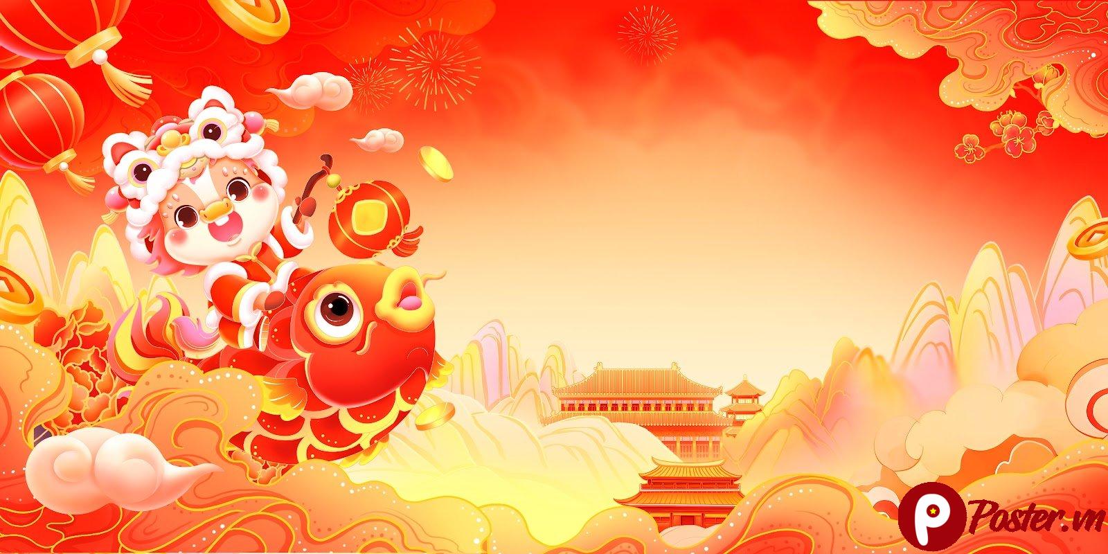 Background Tết Nguyên Đán phong cách hoạt hình rực rỡ với lân, cá chép, đèn lồng và kiến trúc Trung Quốc cổ