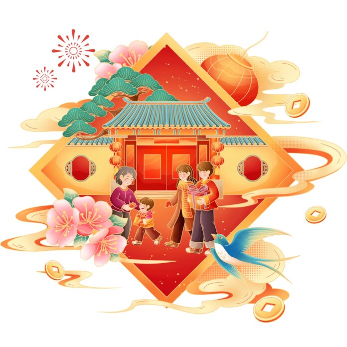 Hình ảnh Tết Nguyên Đán đoàn viên gia đình hạnh phúc với flat design, đèn lồng, lì xì và hoa đào.