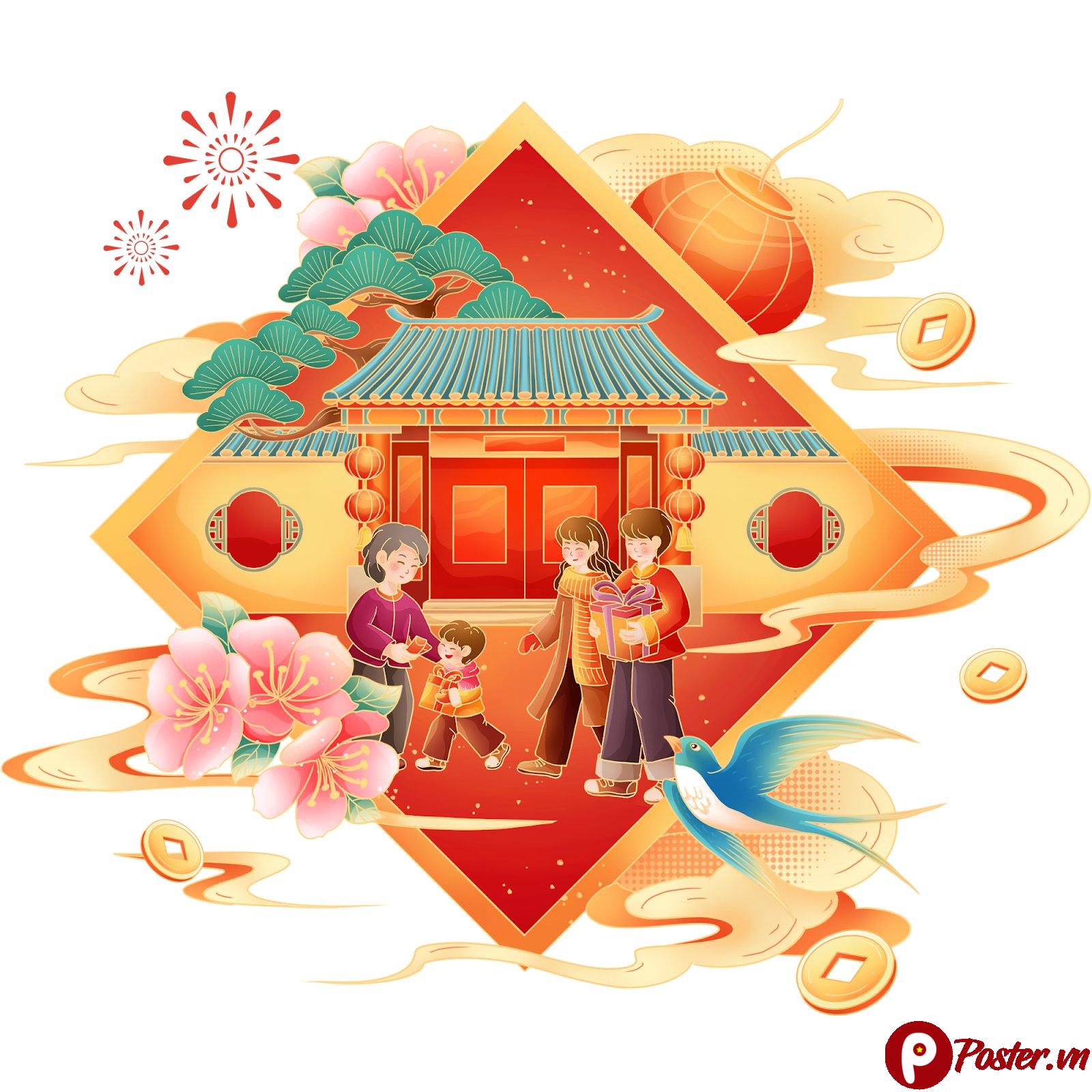 Hình ảnh Tết Nguyên Đán đoàn viên gia đình hạnh phúc với flat design, đèn lồng, lì xì và hoa đào.