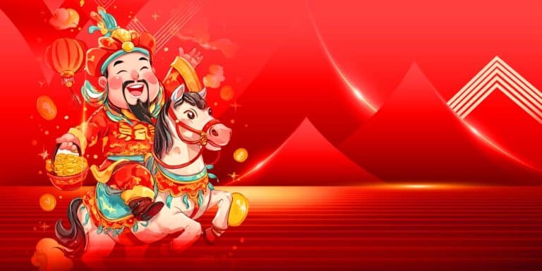 Background Thần Tài cưỡi ngựa trắng mang thỏi vàng may mắn Tết 2025