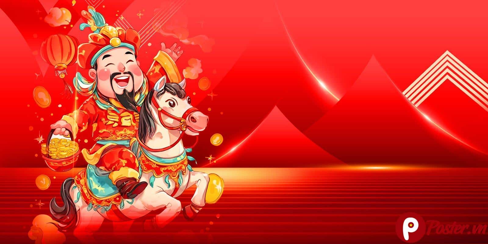 Background Thần Tài cưỡi ngựa trắng mang thỏi vàng may mắn Tết 2025