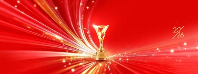 Background vinh danh cúp vàng 2026 sang trọng màu đỏ vàng rực rỡ