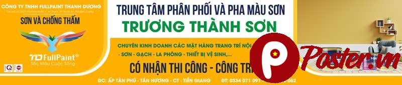 Mẫu bảng hiệu, banner quảng cáo đại lý sơn chuyên nghiệp với nền vàng/cam rực rỡ, logo TD FullPaint, thông tin phân phối sơn, chống thấm và hình ảnh lon sơn thực tế.