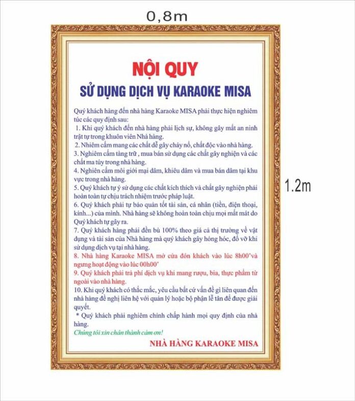 Bảng nội quy Karaoke MISA với khung vàng cổ điển, nội dung rõ ràng, kích thước 0.8x1.2m