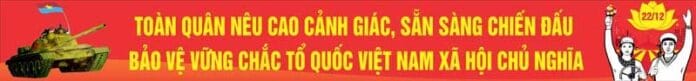Băng rôn tuyên truyền kỷ niệm Ngày Thành lập Quân đội Nhân dân Việt Nam 22/12 với hình ảnh xe tăng, chiến sĩ, khẩu hiệu và biểu tượng hoa sen.