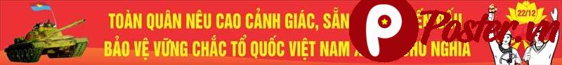 Băng rôn tuyên truyền kỷ niệm Ngày Thành lập Quân đội Nhân dân Việt Nam 22/12 với hình ảnh xe tăng, chiến sĩ, khẩu hiệu và biểu tượng hoa sen.