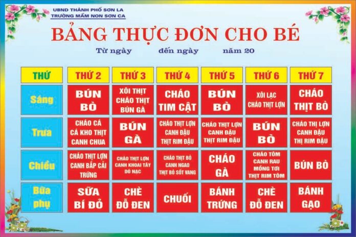Bảng thực đơn cho bé mầm non