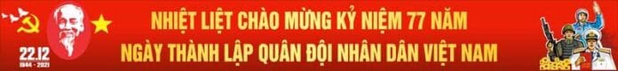 Banner chào mừng kỷ niệm 77 năm Ngày Thành lập Quân đội Nhân dân Việt Nam 22/12 với chân dung Chủ tịch Hồ Chí Minh, ngôi sao vàng và hình ảnh ba quân chủng.