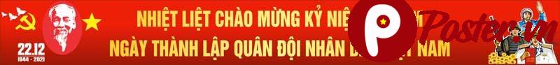 Banner chào mừng kỷ niệm 77 năm Ngày Thành lập Quân đội Nhân dân Việt Nam 22/12 với chân dung Chủ tịch Hồ Chí Minh, ngôi sao vàng và hình ảnh ba quân chủng.